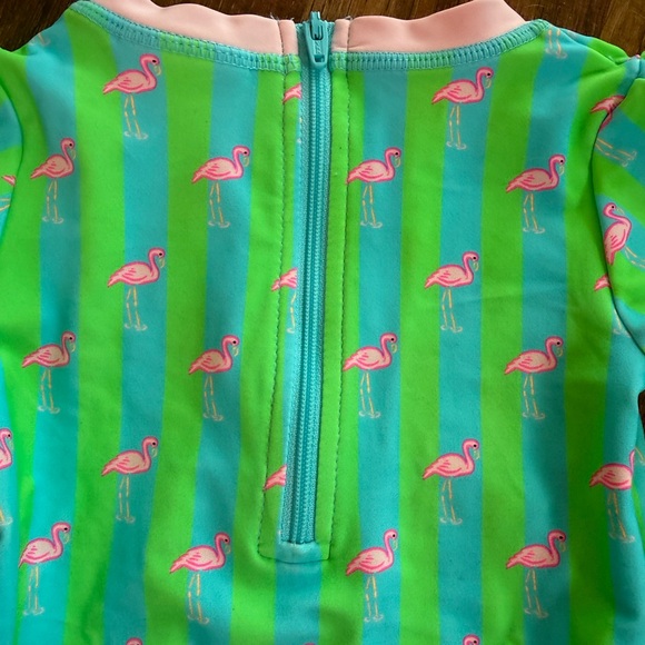 Ruffle Butts Green Flamingo Print Kids Swimwear - Picture 11 of 12